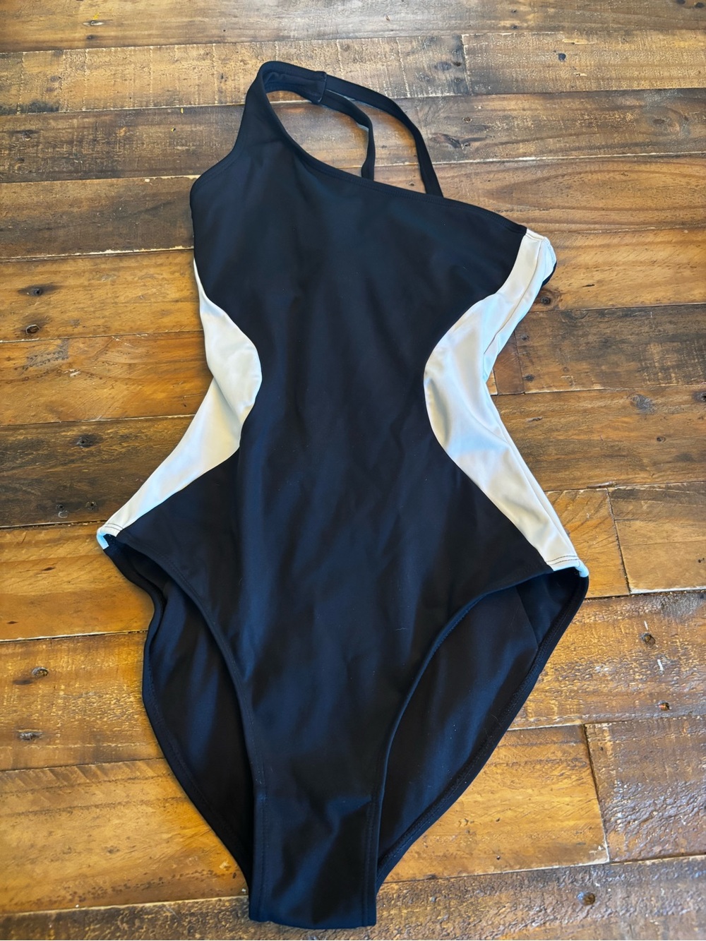 Women's Black One-Shoulder One-Piece Swimsuit with White Side Panels